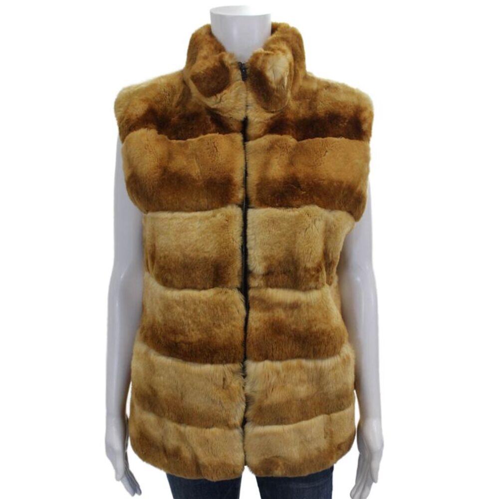 Pologeorgis Womens Brown Striped Fur Sleeveless Zip Vest Size S